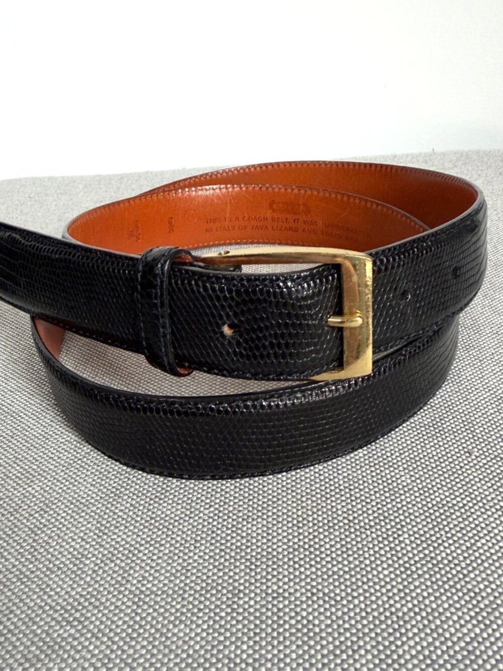 COACH Black Genuine Java Lizard Belt 38 Italy vintage 3840 Brass Buckle